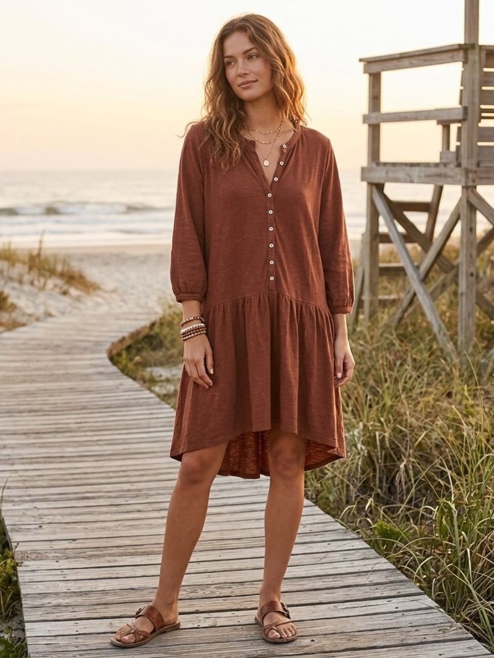 Free People FP Beach Picnic Linen Cotton Henley Drop Waist Tunic Mini Dress XS E